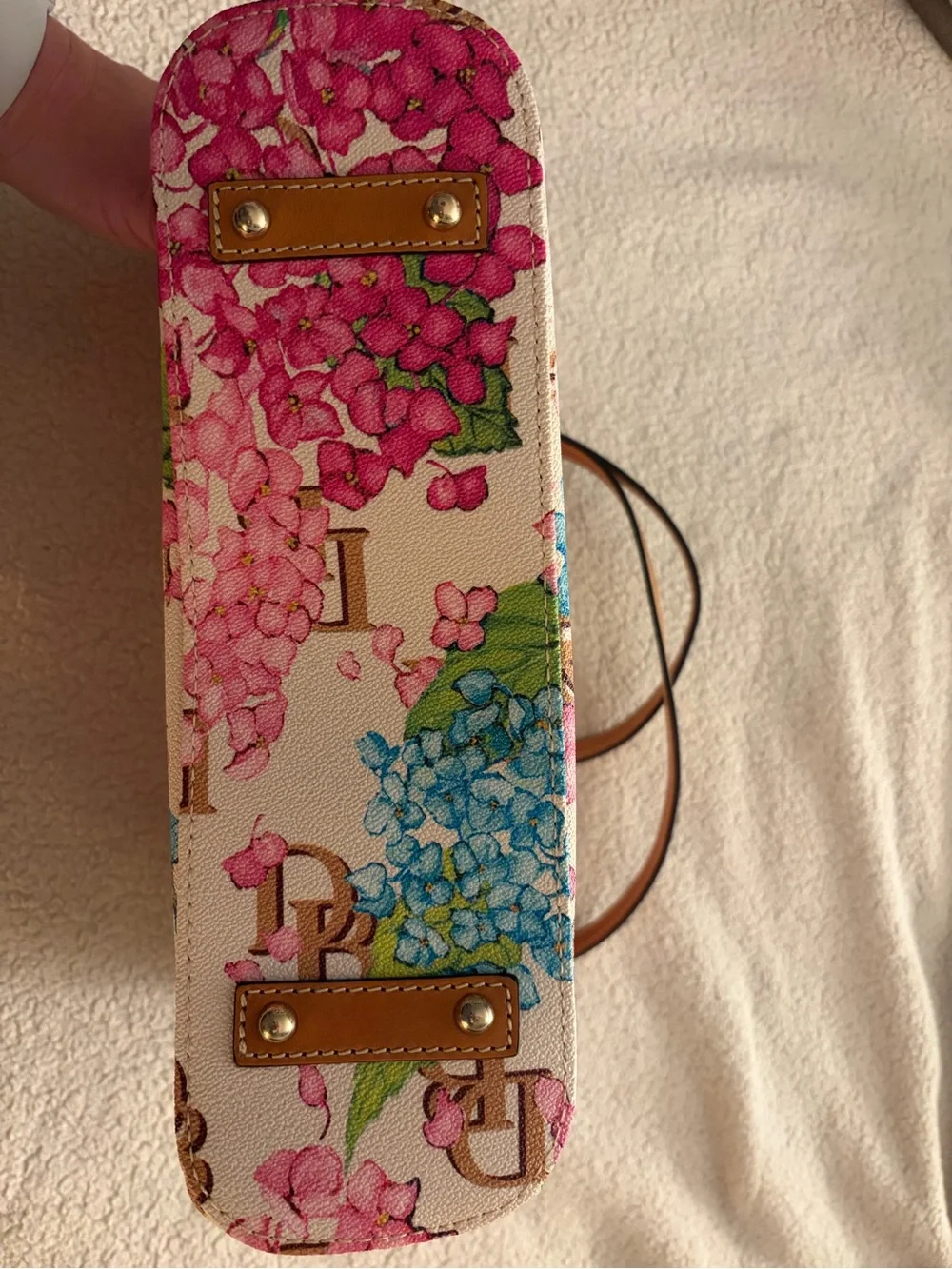 Dooney & Bourke Pink & Blue Hydrangea Logo Tote with Tan Trim